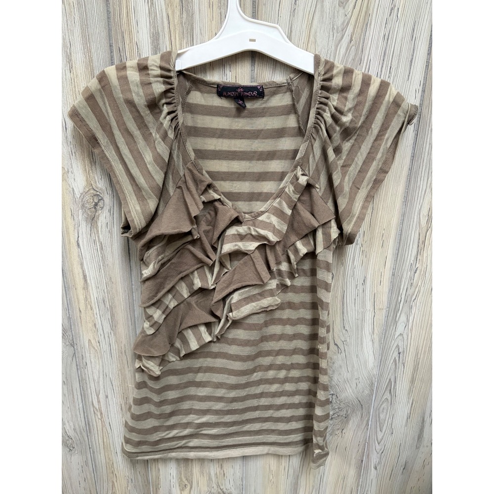 Almost Famous Brown Striped Ruffle Front V-Neck Short Sleeve Top Large